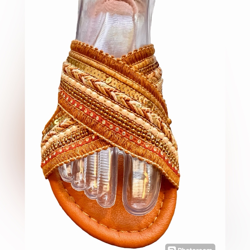 Stylish Earthtone Slide Flats w/Sequins and Pearl Embellishments (EU 40 / US 9)